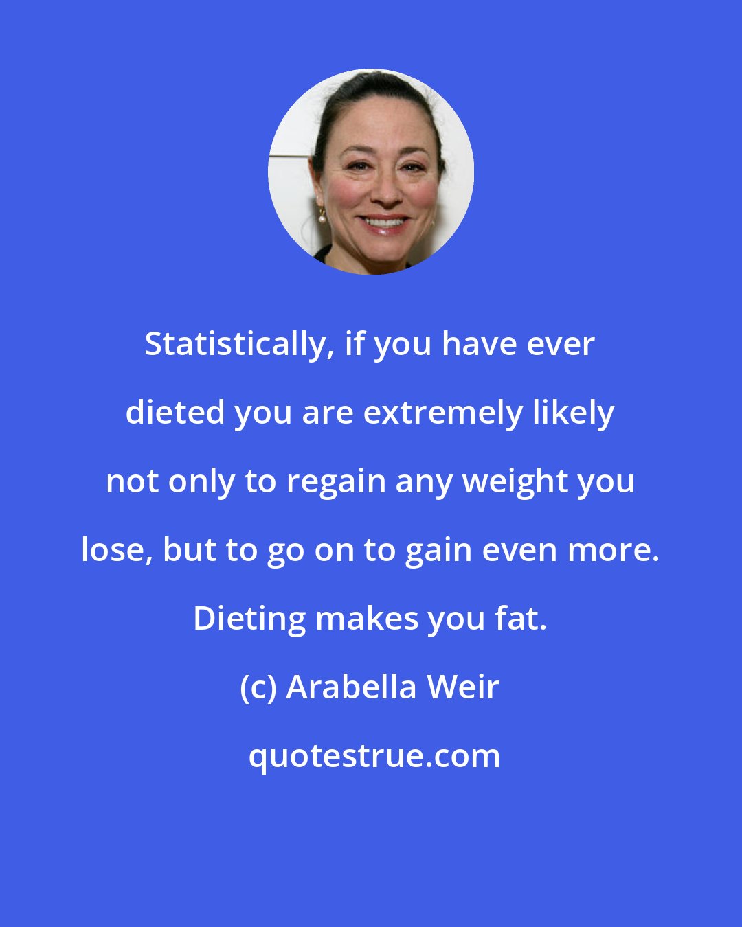 Arabella Weir: Statistically, if you have ever dieted you are extremely likely not only to regain any weight you lose, but to go on to gain even more. Dieting makes you fat.