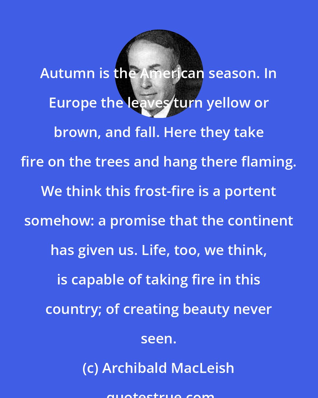 Archibald MacLeish: Autumn is the American season. In Europe the leaves turn yellow or brown, and fall. Here they take fire on the trees and hang there flaming. We think this frost-fire is a portent somehow: a promise that the continent has given us. Life, too, we think, is capable of taking fire in this country; of creating beauty never seen.