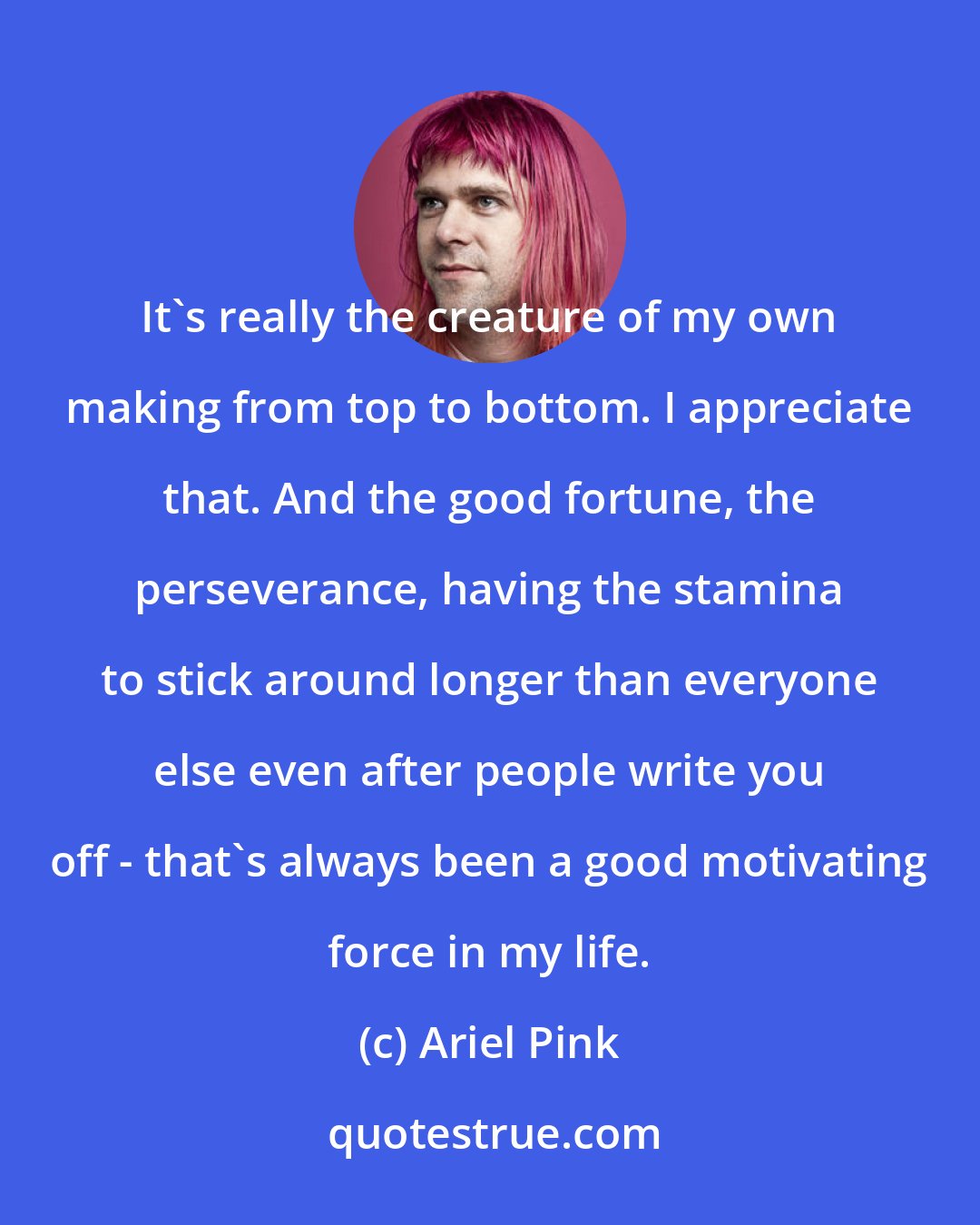 Ariel Pink: It's really the creature of my own making from top to bottom. I appreciate that. And the good fortune, the perseverance, having the stamina to stick around longer than everyone else even after people write you off - that's always been a good motivating force in my life.