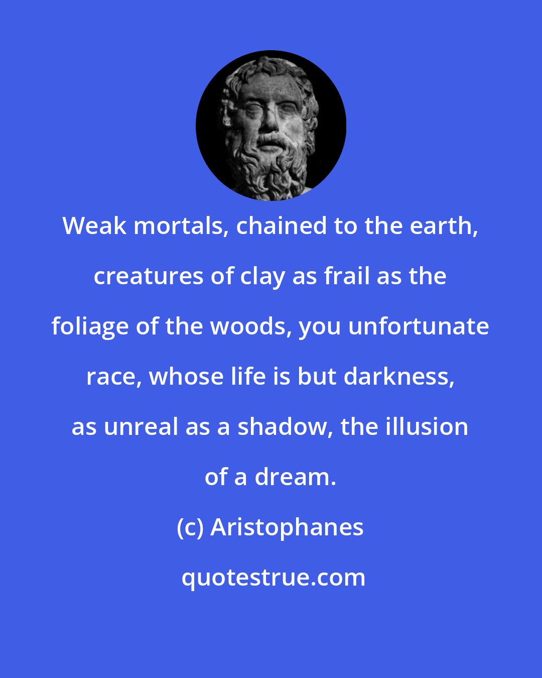 Aristophanes: Weak mortals, chained to the earth, creatures of clay as frail as the foliage of the woods, you unfortunate race, whose life is but darkness, as unreal as a shadow, the illusion of a dream.