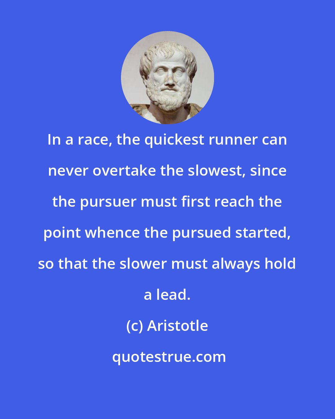 Aristotle: In a race, the quickest runner can never overtake the slowest, since the pursuer must first reach the point whence the pursued started, so that the slower must always hold a lead.