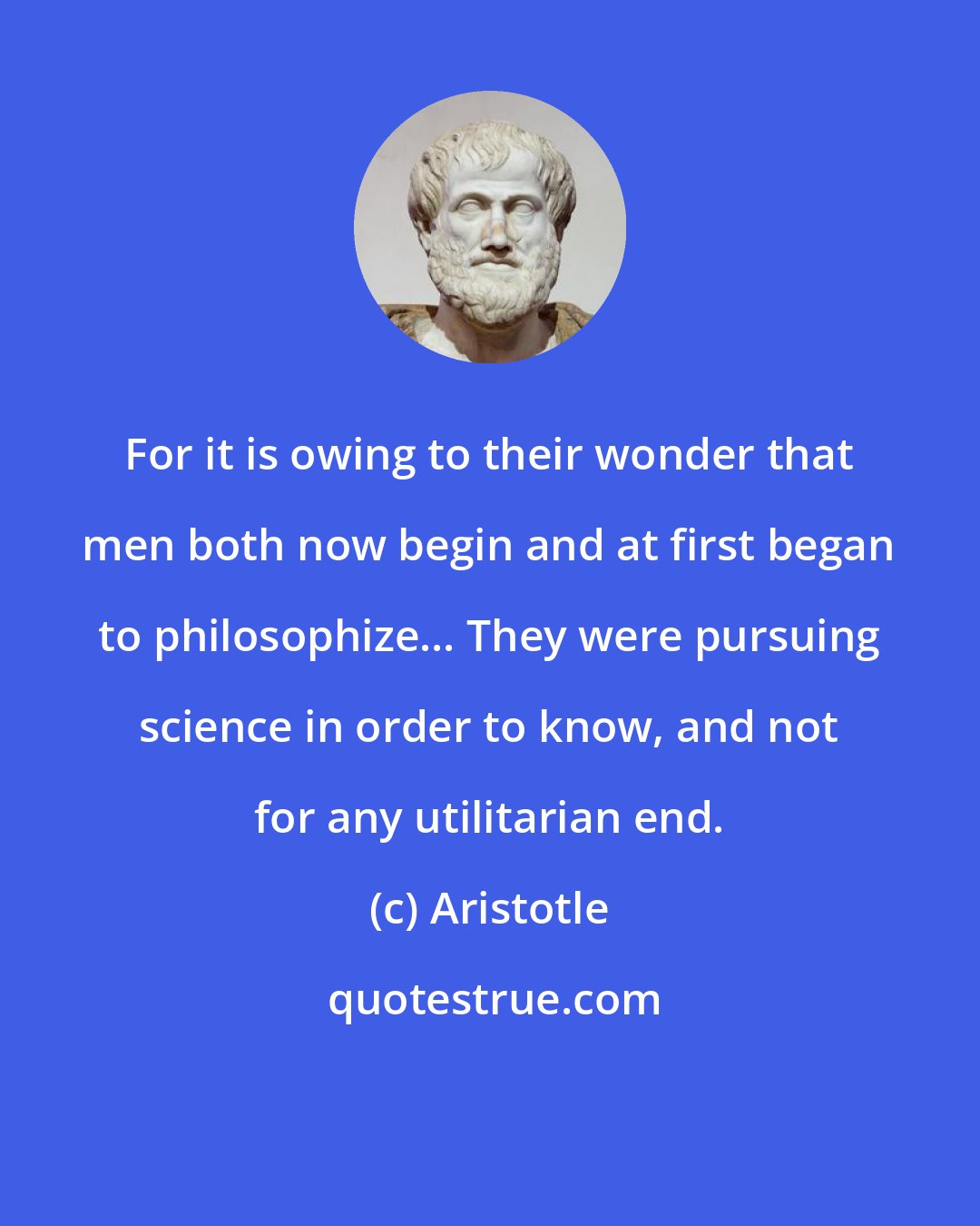 Aristotle: For it is owing to their wonder that men both now begin and at first began to philosophize... They were pursuing science in order to know, and not for any utilitarian end.