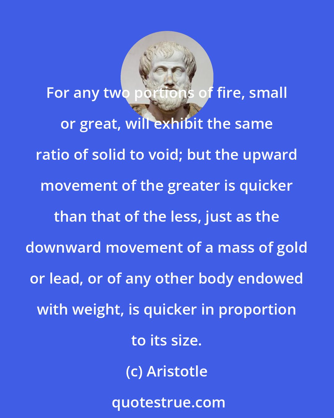 Aristotle: For any two portions of fire, small or great, will exhibit the same ratio of solid to void; but the upward movement of the greater is quicker than that of the less, just as the downward movement of a mass of gold or lead, or of any other body endowed with weight, is quicker in proportion to its size.