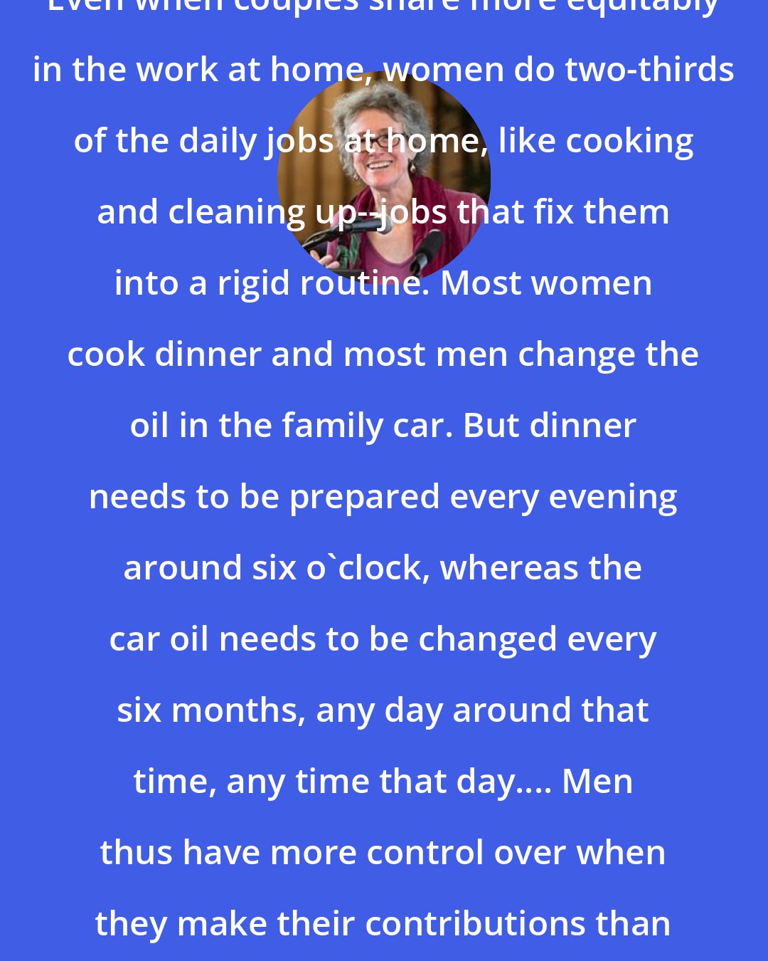 Arlie Russell Hochschild: Even when couples share more equitably in the work at home, women do two-thirds of the daily jobs at home, like cooking and cleaning up--jobs that fix them into a rigid routine. Most women cook dinner and most men change the oil in the family car. But dinner needs to be prepared every evening around six o'clock, whereas the car oil needs to be changed every six months, any day around that time, any time that day.... Men thus have more control over when they make their contributions than women do.