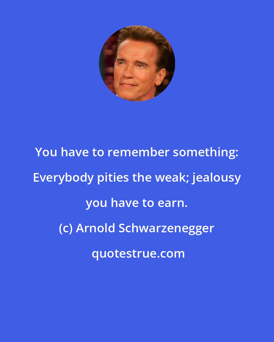 Arnold Schwarzenegger: You have to remember something: Everybody pities the weak; jealousy you have to earn.