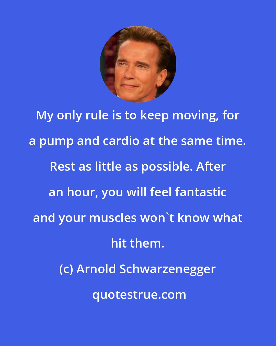 Arnold Schwarzenegger: My only rule is to keep moving, for a pump and cardio at the same time. Rest as little as possible. After an hour, you will feel fantastic and your muscles won't know what hit them.