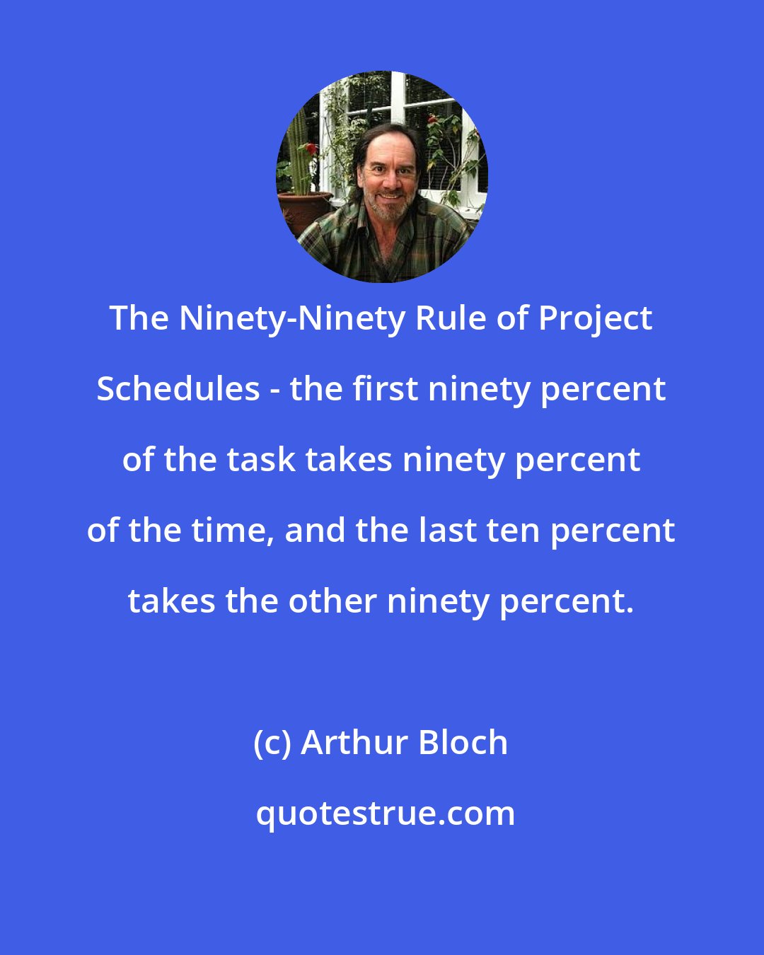Arthur Bloch: The Ninety-Ninety Rule of Project Schedules - the first ninety percent of the task takes ninety percent of the time, and the last ten percent takes the other ninety percent.