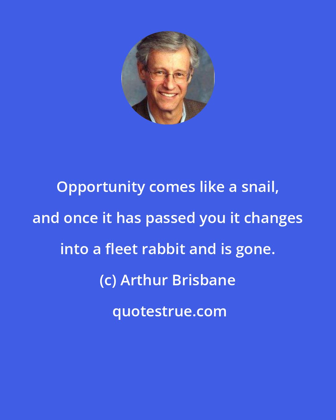 Arthur Brisbane: Opportunity comes like a snail, and once it has passed you it changes into a fleet rabbit and is gone.
