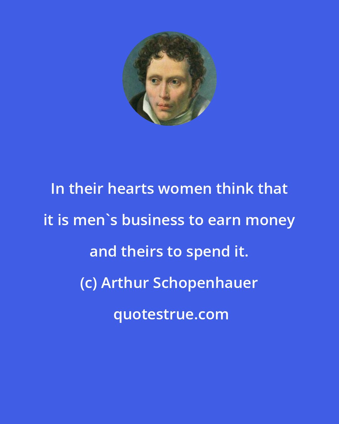 Arthur Schopenhauer: In their hearts women think that it is men's business to earn money and theirs to spend it.