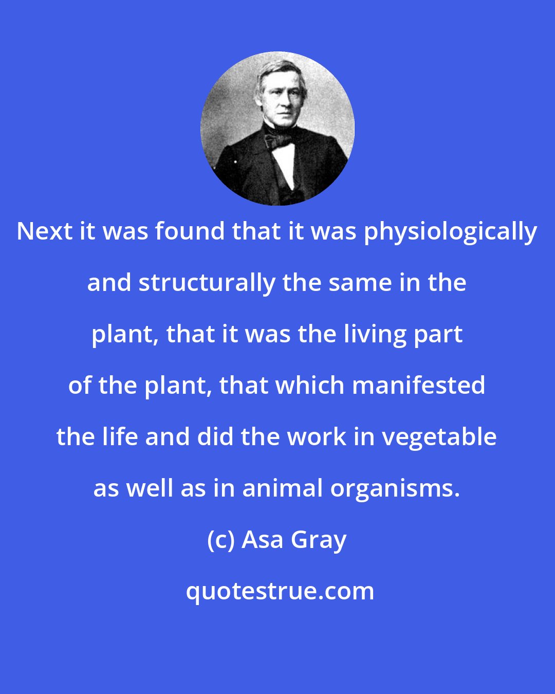 Asa Gray: Next it was found that it was physiologically and structurally the same in the plant, that it was the living part of the plant, that which manifested the life and did the work in vegetable as well as in animal organisms.