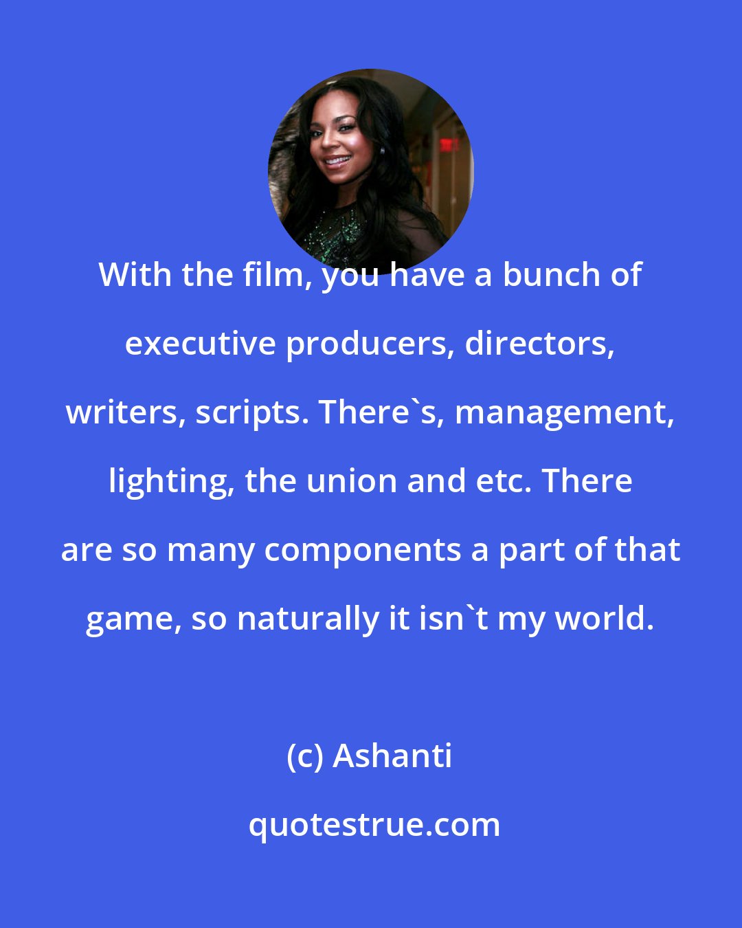 Ashanti: With the film, you have a bunch of executive producers, directors, writers, scripts. There's, management, lighting, the union and etc. There are so many components a part of that game, so naturally it isn't my world.