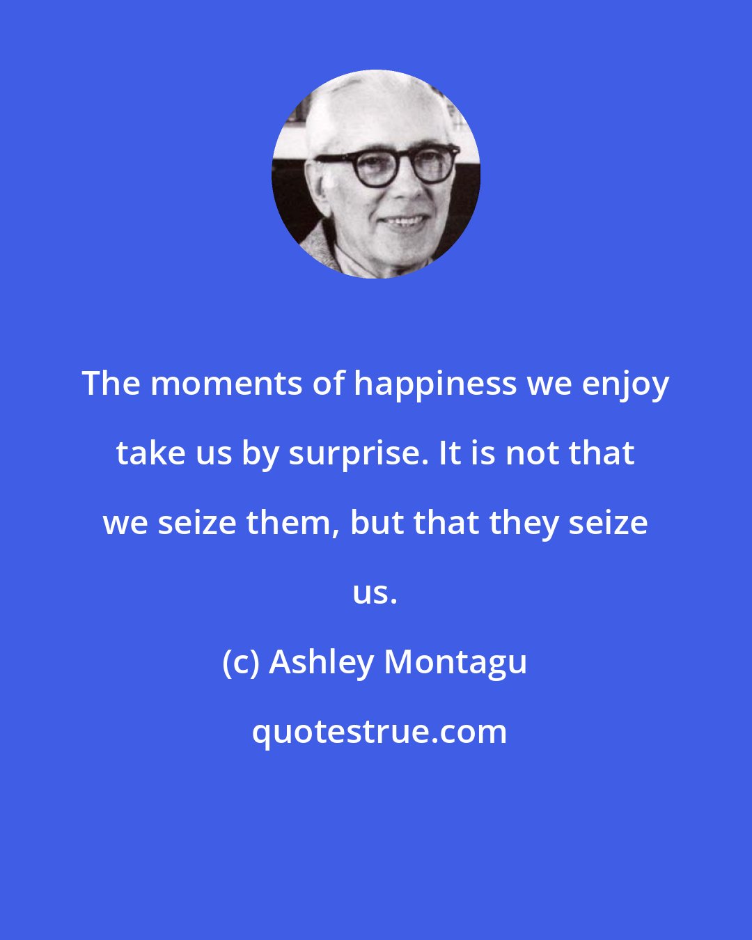 Ashley Montagu: The moments of happiness we enjoy take us by surprise. It is not that we seize them, but that they seize us.