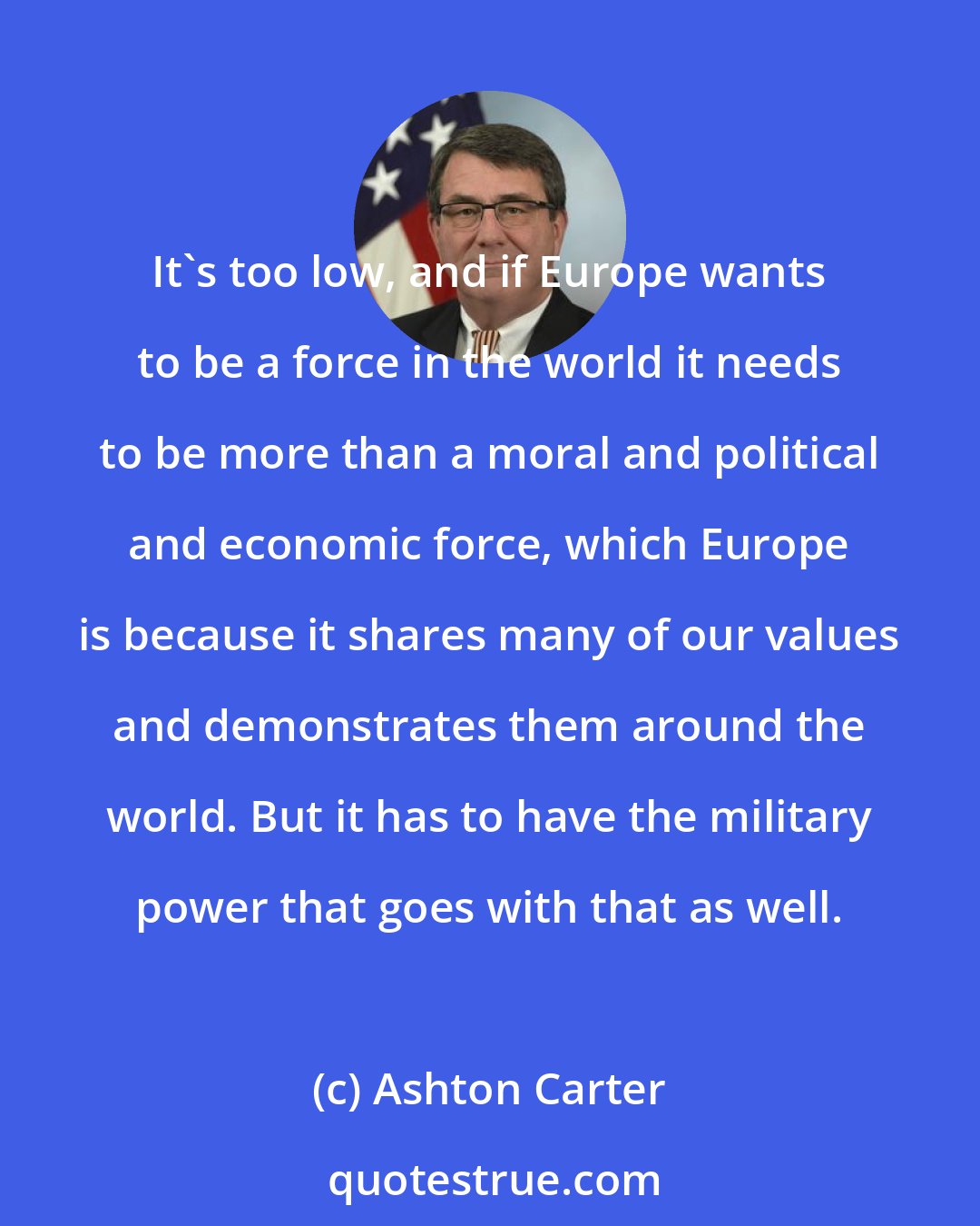 Ashton Carter: It's too low, and if Europe wants to be a force in the world it needs to be more than a moral and political and economic force, which Europe is because it shares many of our values and demonstrates them around the world. But it has to have the military power that goes with that as well.