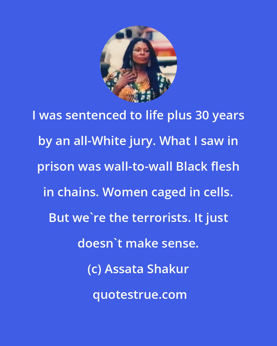 Assata Shakur: I was sentenced to life plus 30 years by an all-White jury. What I saw in prison was wall-to-wall Black flesh in chains. Women caged in cells. But we're the terrorists. It just doesn't make sense.