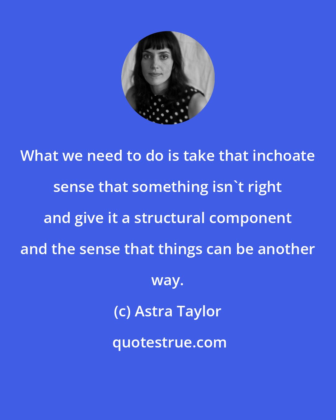 Astra Taylor: What we need to do is take that inchoate sense that something isn't right and give it a structural component and the sense that things can be another way.
