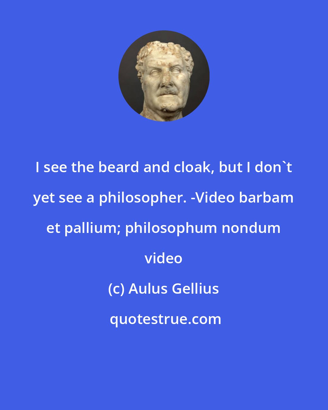 Aulus Gellius: I see the beard and cloak, but I don't yet see a philosopher. -Video barbam et pallium; philosophum nondum video