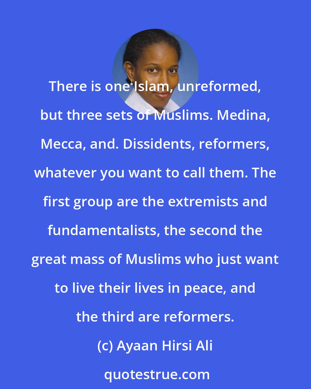 Ayaan Hirsi Ali: There is one Islam, unreformed, but three sets of Muslims. Medina, Mecca, and. Dissidents, reformers, whatever you want to call them. The first group are the extremists and fundamentalists, the second the great mass of Muslims who just want to live their lives in peace, and the third are reformers.