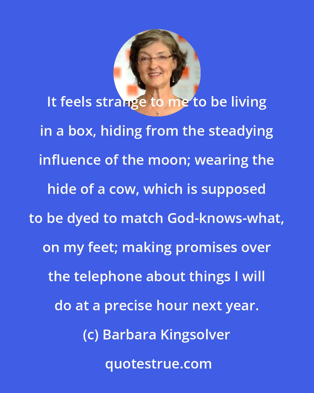 Barbara Kingsolver: It feels strange to me to be living in a box, hiding from the steadying influence of the moon; wearing the hide of a cow, which is supposed to be dyed to match God-knows-what, on my feet; making promises over the telephone about things I will do at a precise hour next year.