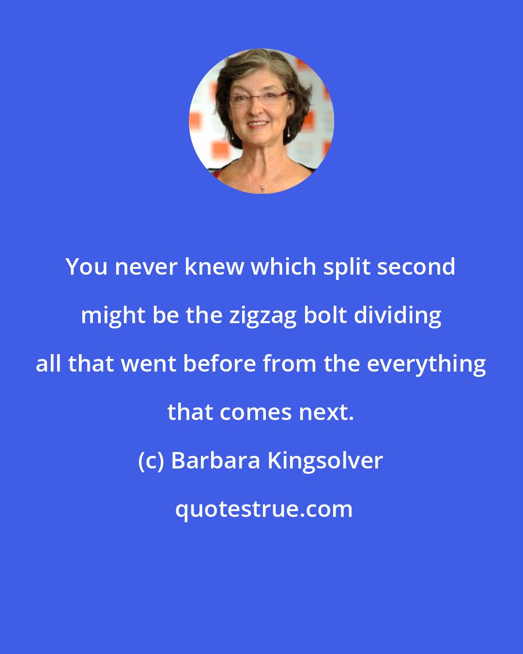 Barbara Kingsolver: You never knew which split second might be the zigzag bolt dividing all that went before from the everything that comes next.