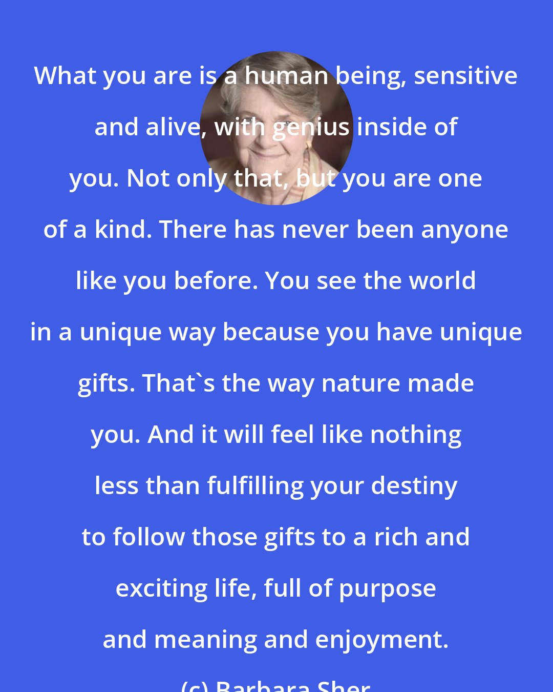 Barbara Sher: What you are is a human being, sensitive and alive, with genius inside of you. Not only that, but you are one of a kind. There has never been anyone like you before. You see the world in a unique way because you have unique gifts. That's the way nature made you. And it will feel like nothing less than fulfilling your destiny to follow those gifts to a rich and exciting life, full of purpose and meaning and enjoyment.