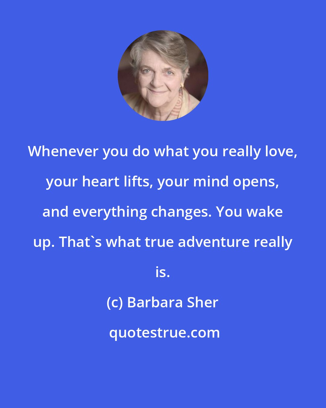 Barbara Sher: Whenever you do what you really love, your heart lifts, your mind opens, and everything changes. You wake up. That's what true adventure really is.