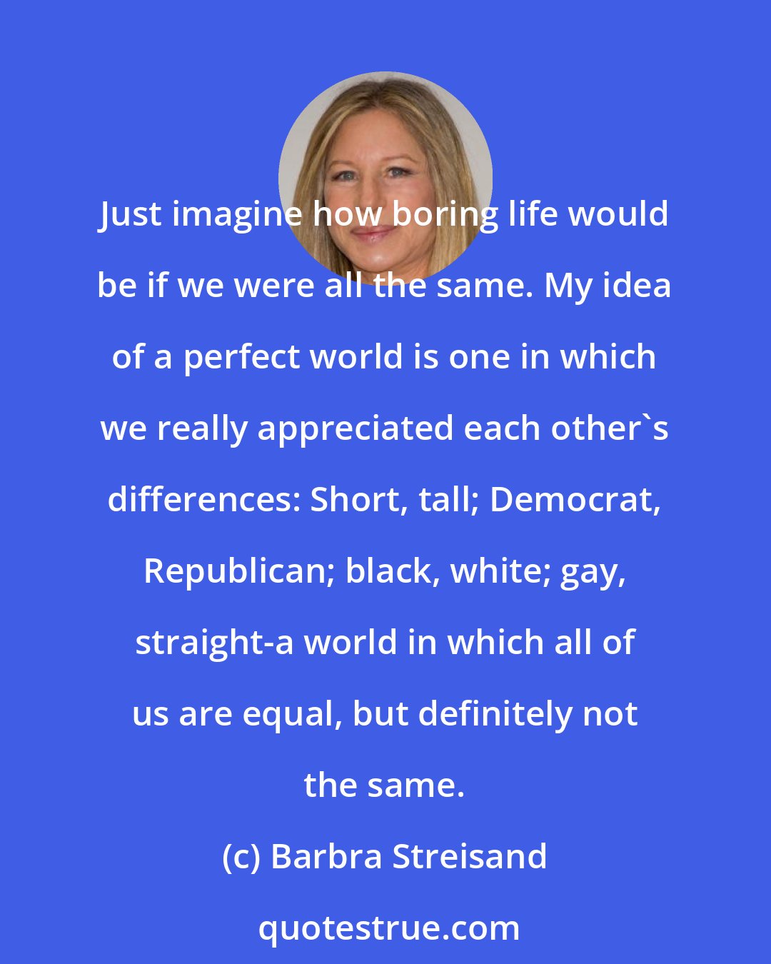 Barbra Streisand: Just imagine how boring life would be if we were all the same. My idea of a perfect world is one in which we really appreciated each other's differences: Short, tall; Democrat, Republican; black, white; gay, straight-a world in which all of us are equal, but definitely not the same.