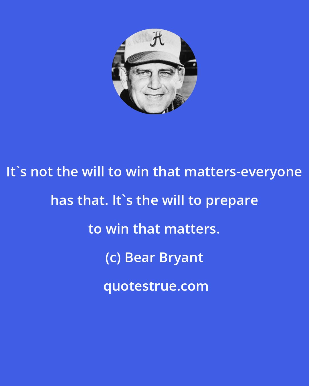 Bear Bryant: It's not the will to win that matters-everyone has that. It's the will to prepare to win that matters.
