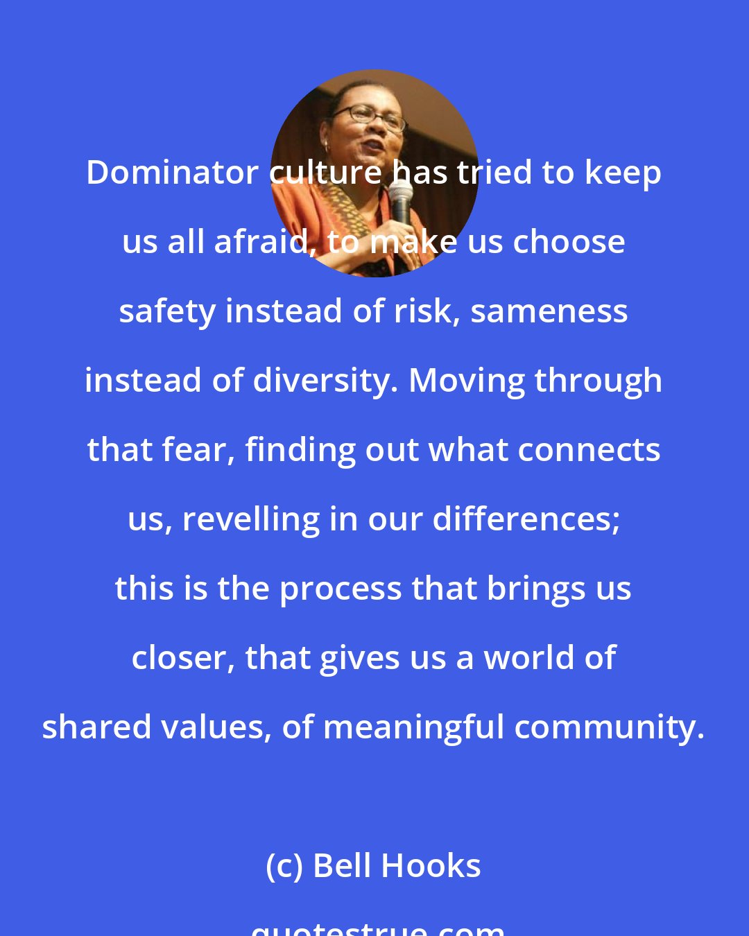 Bell Hooks: Dominator culture has tried to keep us all afraid, to make us choose safety instead of risk, sameness instead of diversity. Moving through that fear, finding out what connects us, revelling in our differences; this is the process that brings us closer, that gives us a world of shared values, of meaningful community.