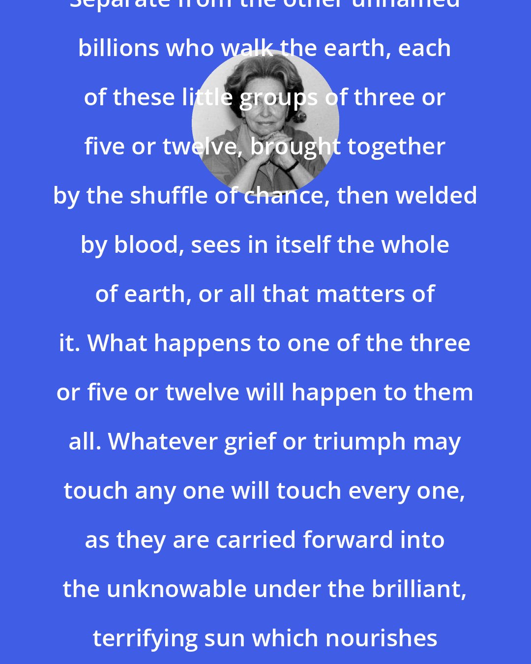 Belva Plain: Separate from the other unnamed billions who walk the earth, each of these little groups of three or five or twelve, brought together by the shuffle of chance, then welded by blood, sees in itself the whole of earth, or all that matters of it. What happens to one of the three or five or twelve will happen to them all. Whatever grief or triumph may touch any one will touch every one, as they are carried forward into the unknowable under the brilliant, terrifying sun which nourishes all.