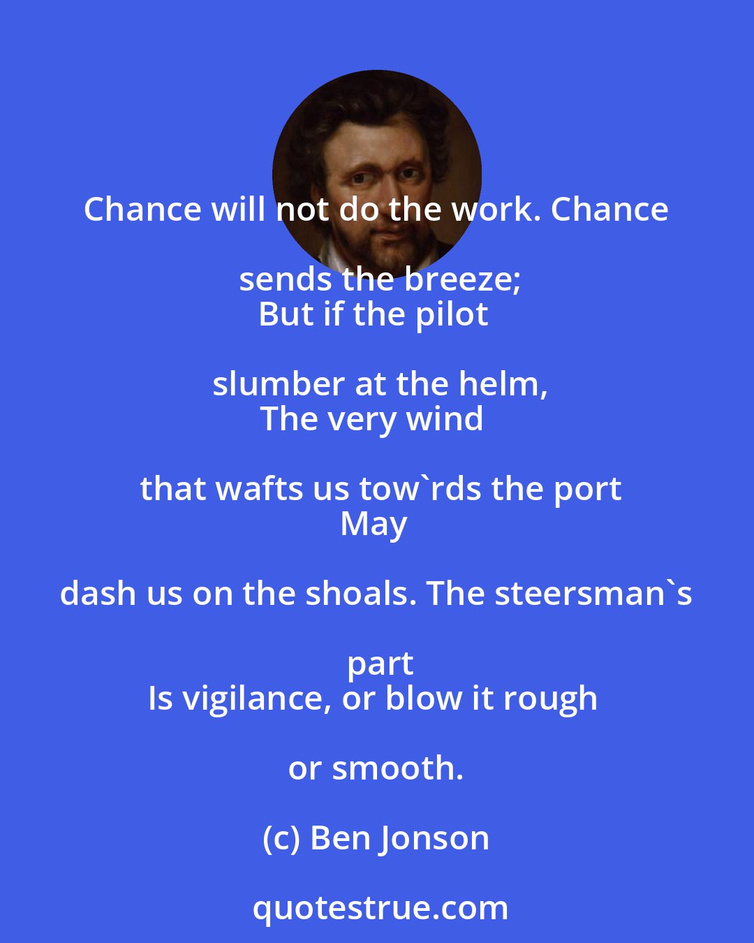 Ben Jonson: Chance will not do the work. Chance sends the breeze;
But if the pilot slumber at the helm,
The very wind that wafts us tow'rds the port
May dash us on the shoals. The steersman's part
Is vigilance, or blow it rough or smooth.