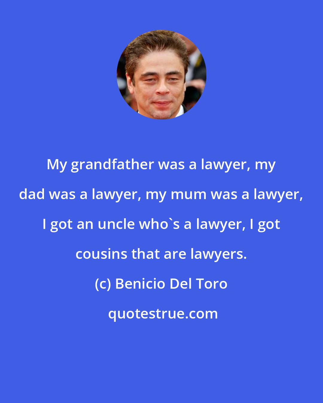 Benicio Del Toro: My grandfather was a lawyer, my dad was a lawyer, my mum was a lawyer, I got an uncle who's a lawyer, I got cousins that are lawyers.