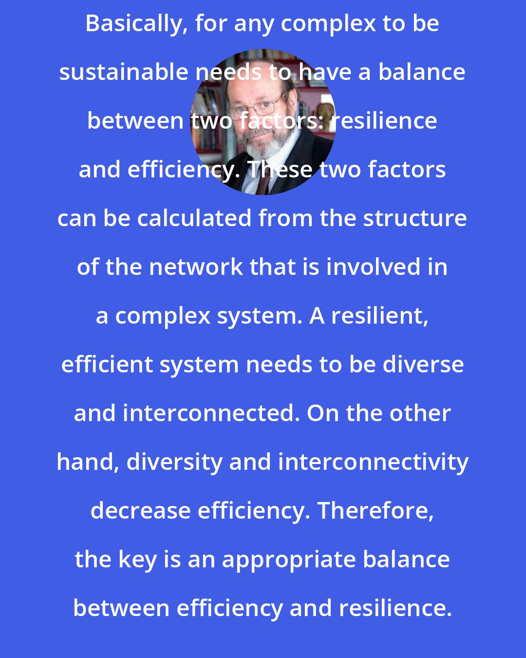 Bernard Lietaer: Basically, for any complex to be sustainable needs to have a balance between two factors: resilience and efficiency. These two factors can be calculated from the structure of the network that is involved in a complex system. A resilient, efficient system needs to be diverse and interconnected. On the other hand, diversity and interconnectivity decrease efficiency. Therefore, the key is an appropriate balance between efficiency and resilience.