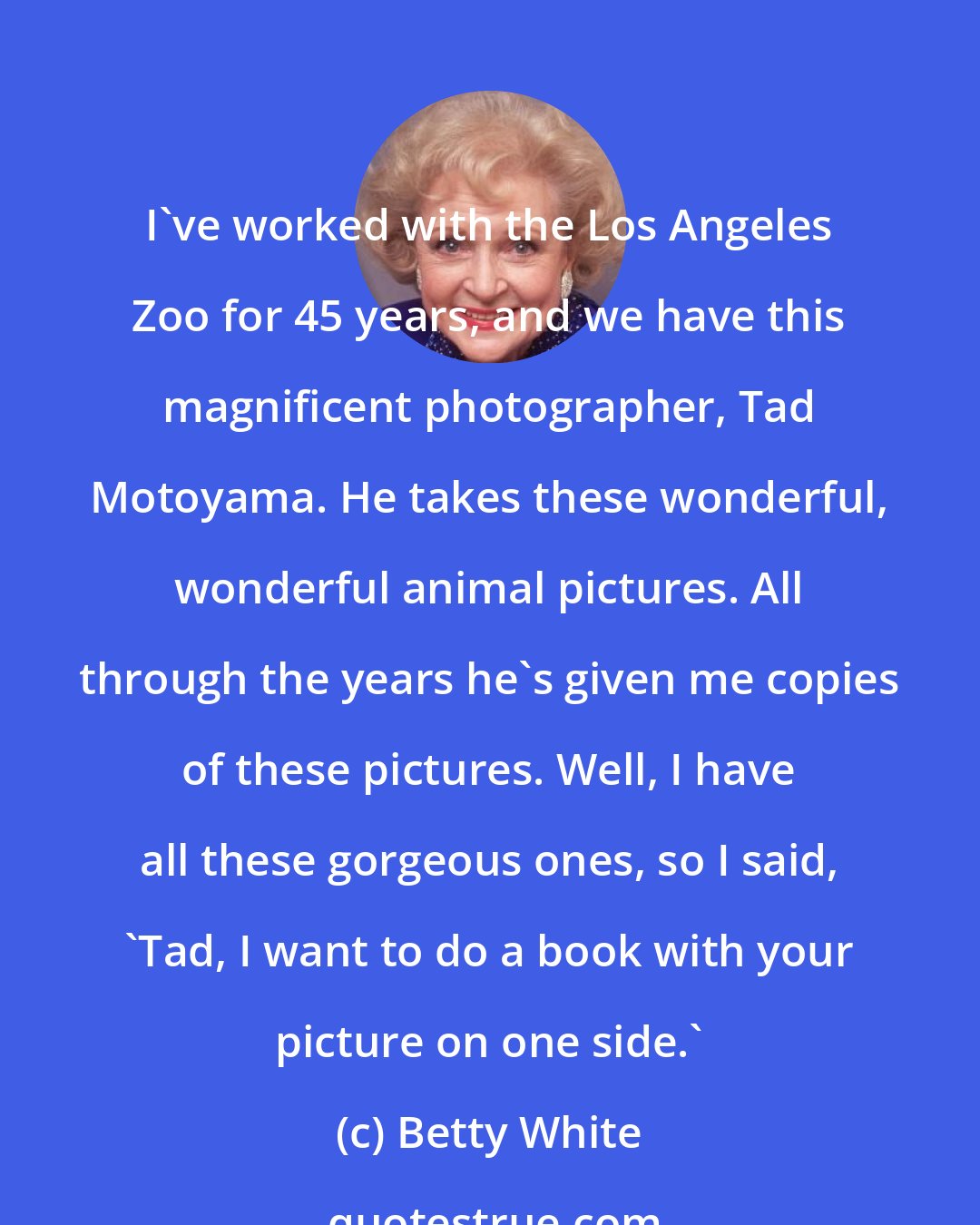 Betty White: I've worked with the Los Angeles Zoo for 45 years, and we have this magnificent photographer, Tad Motoyama. He takes these wonderful, wonderful animal pictures. All through the years he's given me copies of these pictures. Well, I have all these gorgeous ones, so I said, 'Tad, I want to do a book with your picture on one side.'