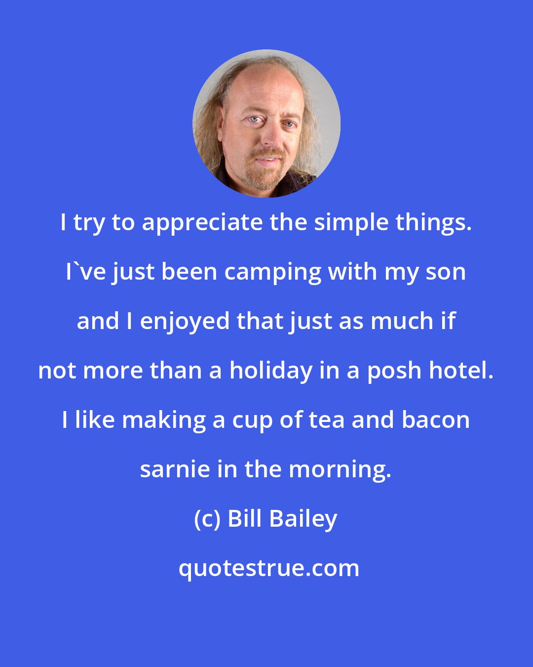 Bill Bailey: I try to appreciate the simple things. I've just been camping with my son and I enjoyed that just as much if not more than a holiday in a posh hotel. I like making a cup of tea and bacon sarnie in the morning.