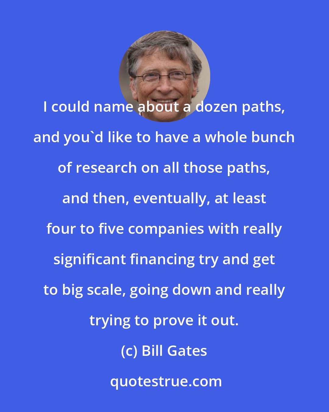 Bill Gates: I could name about a dozen paths, and you'd like to have a whole bunch of research on all those paths, and then, eventually, at least four to five companies with really significant financing try and get to big scale, going down and really trying to prove it out.