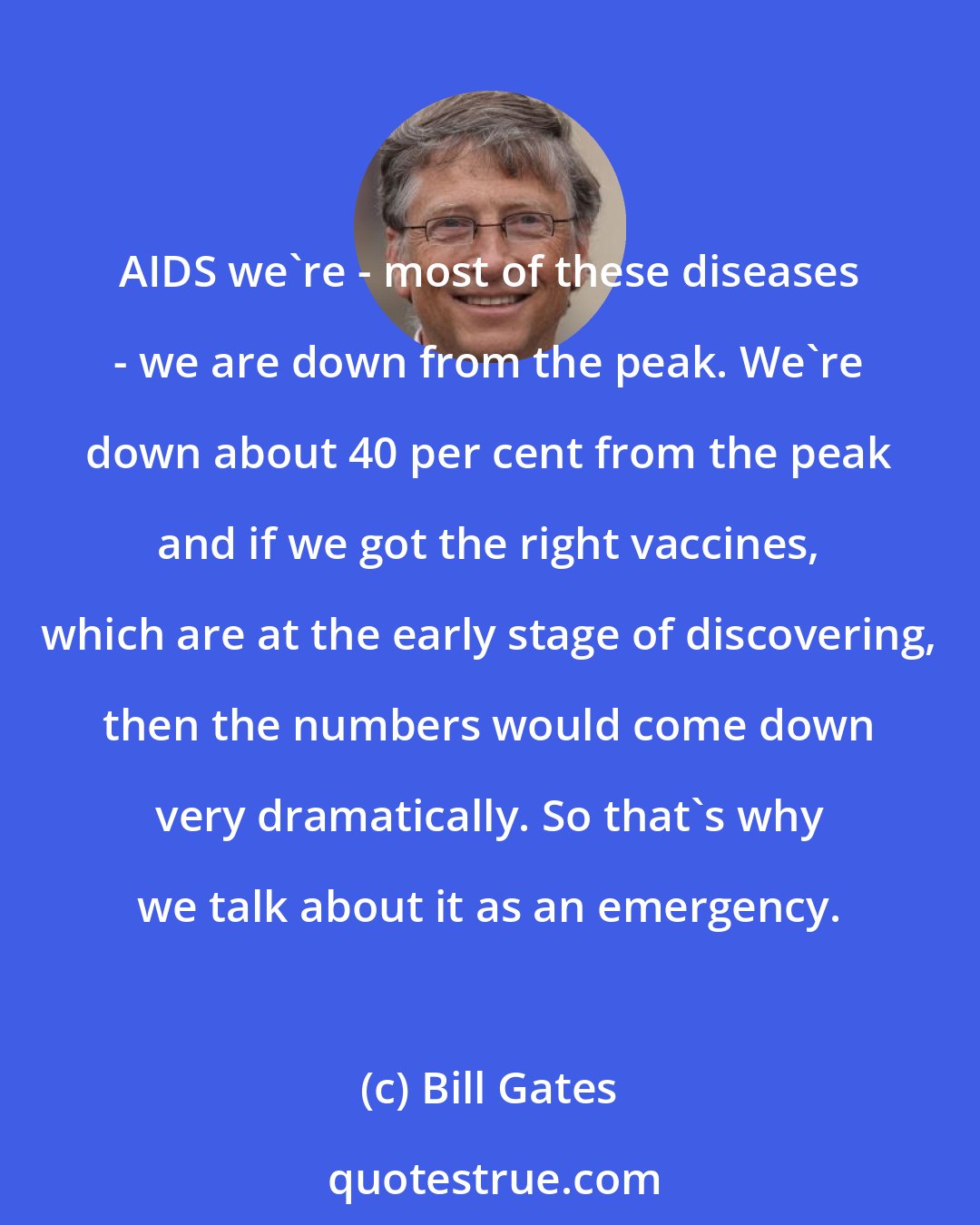 Bill Gates: AIDS we're - most of these diseases - we are down from the peak. We're down about 40 per cent from the peak and if we got the right vaccines, which are at the early stage of discovering, then the numbers would come down very dramatically. So that's why we talk about it as an emergency.