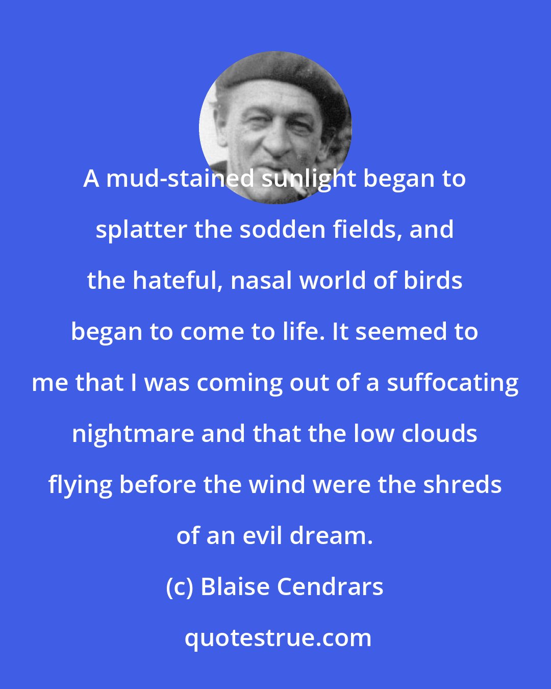 Blaise Cendrars: A mud-stained sunlight began to splatter the sodden fields, and the hateful, nasal world of birds began to come to life. It seemed to me that I was coming out of a suffocating nightmare and that the low clouds flying before the wind were the shreds of an evil dream.