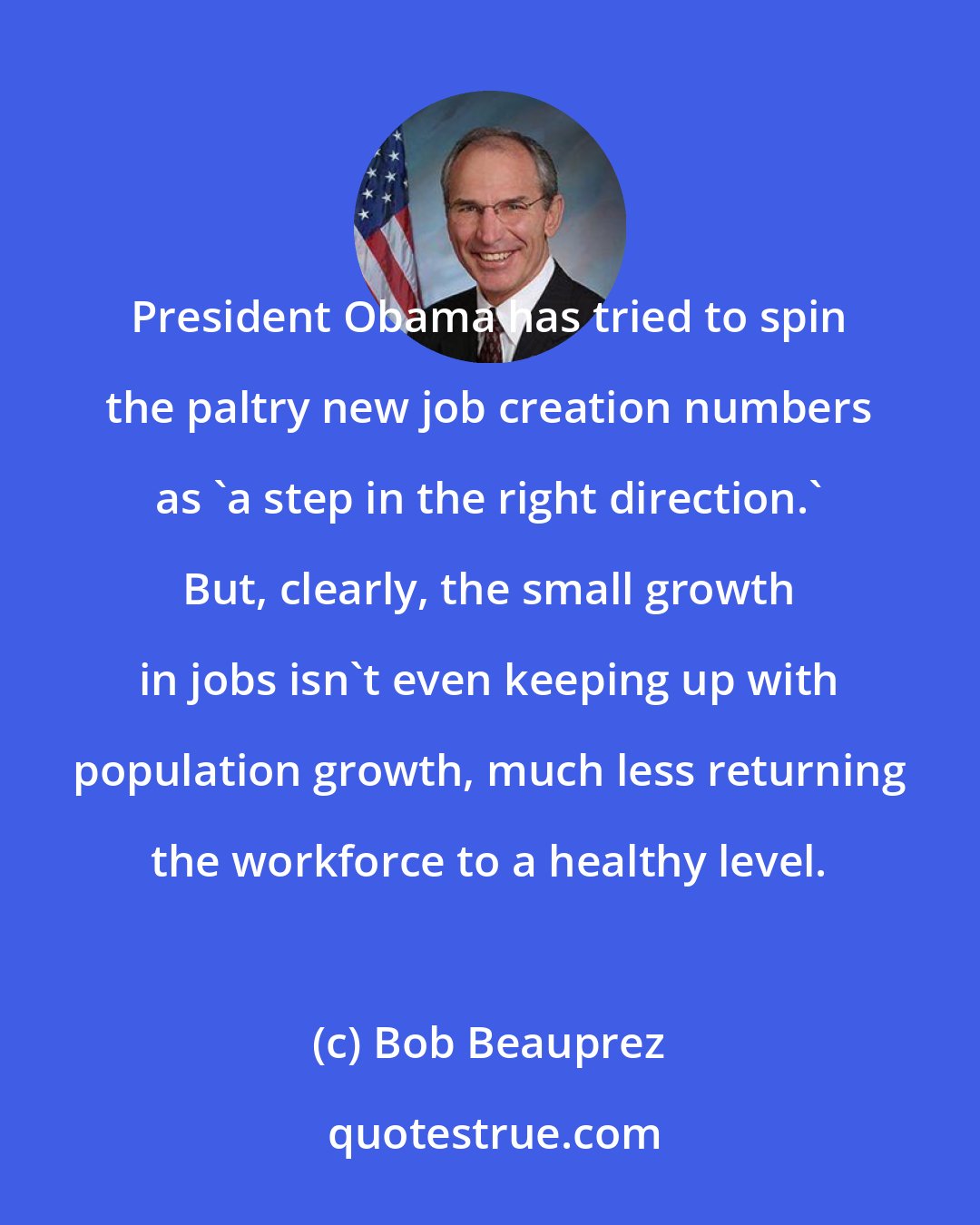 Bob Beauprez: President Obama has tried to spin the paltry new job creation numbers as 'a step in the right direction.' But, clearly, the small growth in jobs isn't even keeping up with population growth, much less returning the workforce to a healthy level.