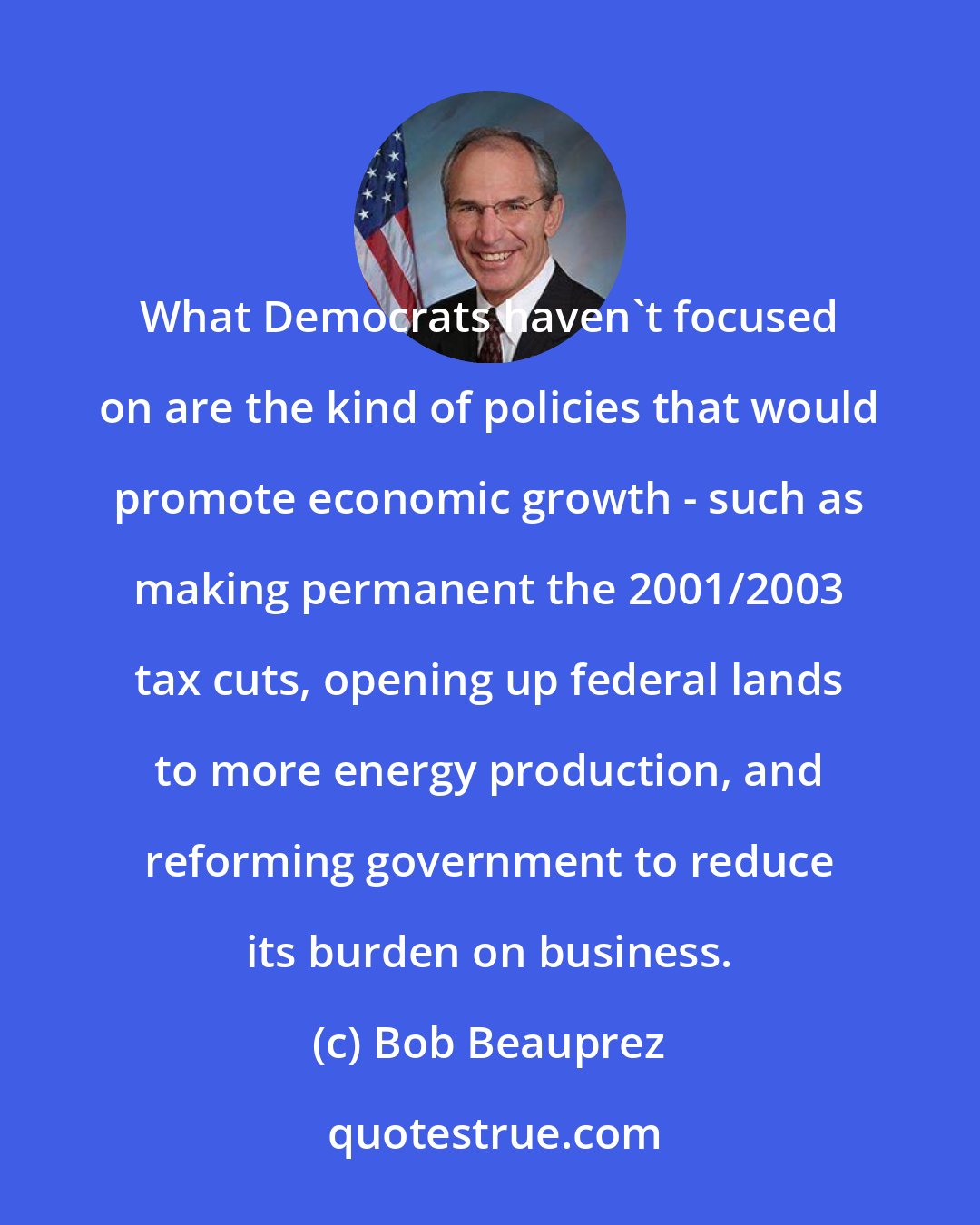 Bob Beauprez: What Democrats haven't focused on are the kind of policies that would promote economic growth - such as making permanent the 2001/2003 tax cuts, opening up federal lands to more energy production, and reforming government to reduce its burden on business.