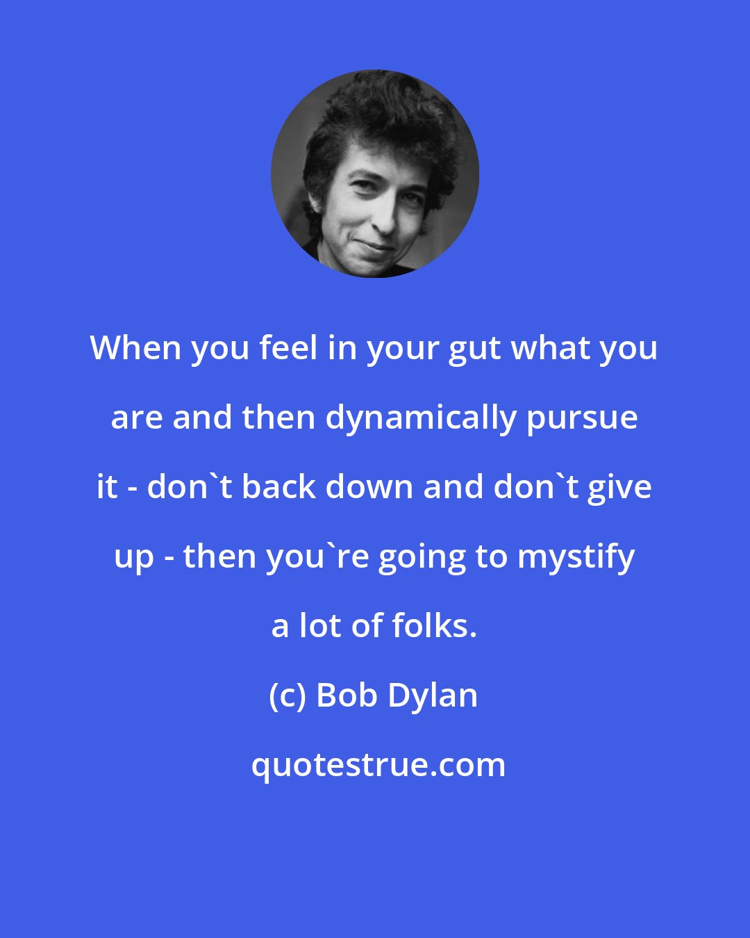 Bob Dylan: When you feel in your gut what you are and then dynamically pursue it - don't back down and don't give up - then you're going to mystify a lot of folks.