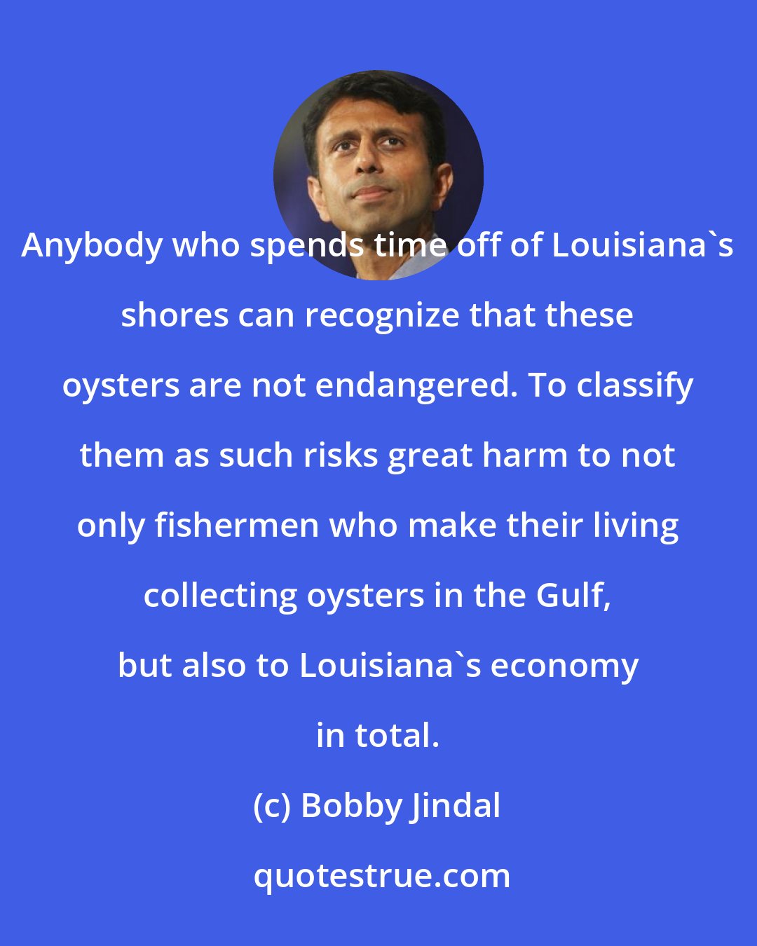 Bobby Jindal: Anybody who spends time off of Louisiana's shores can recognize that these oysters are not endangered. To classify them as such risks great harm to not only fishermen who make their living collecting oysters in the Gulf, but also to Louisiana's economy in total.