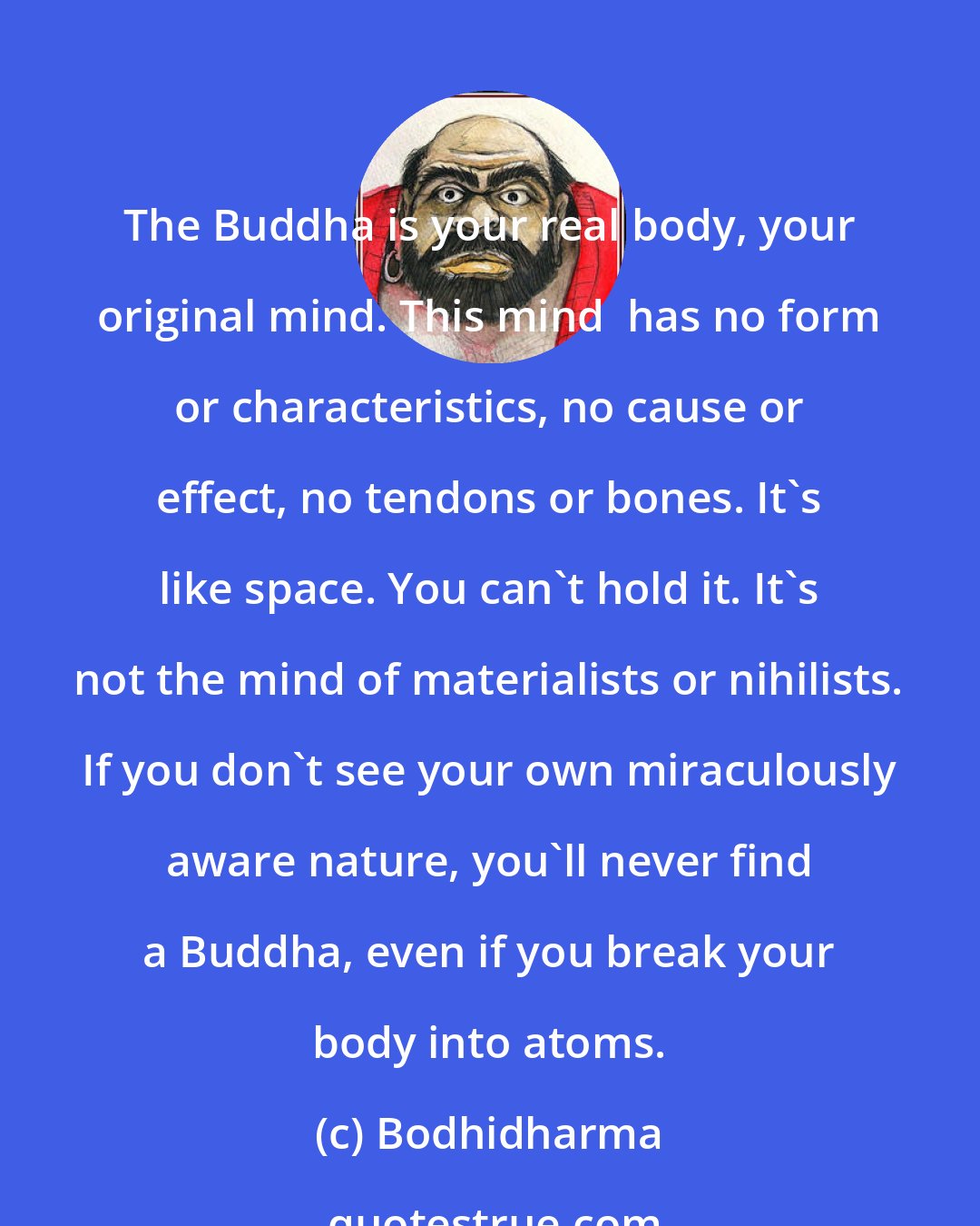 Bodhidharma: The Buddha is your real body, your original mind. This mind  has no form or characteristics, no cause or effect, no tendons or bones. It's like space. You can't hold it. It's not the mind of materialists or nihilists. If you don't see your own miraculously aware nature, you'll never find a Buddha, even if you break your body into atoms.