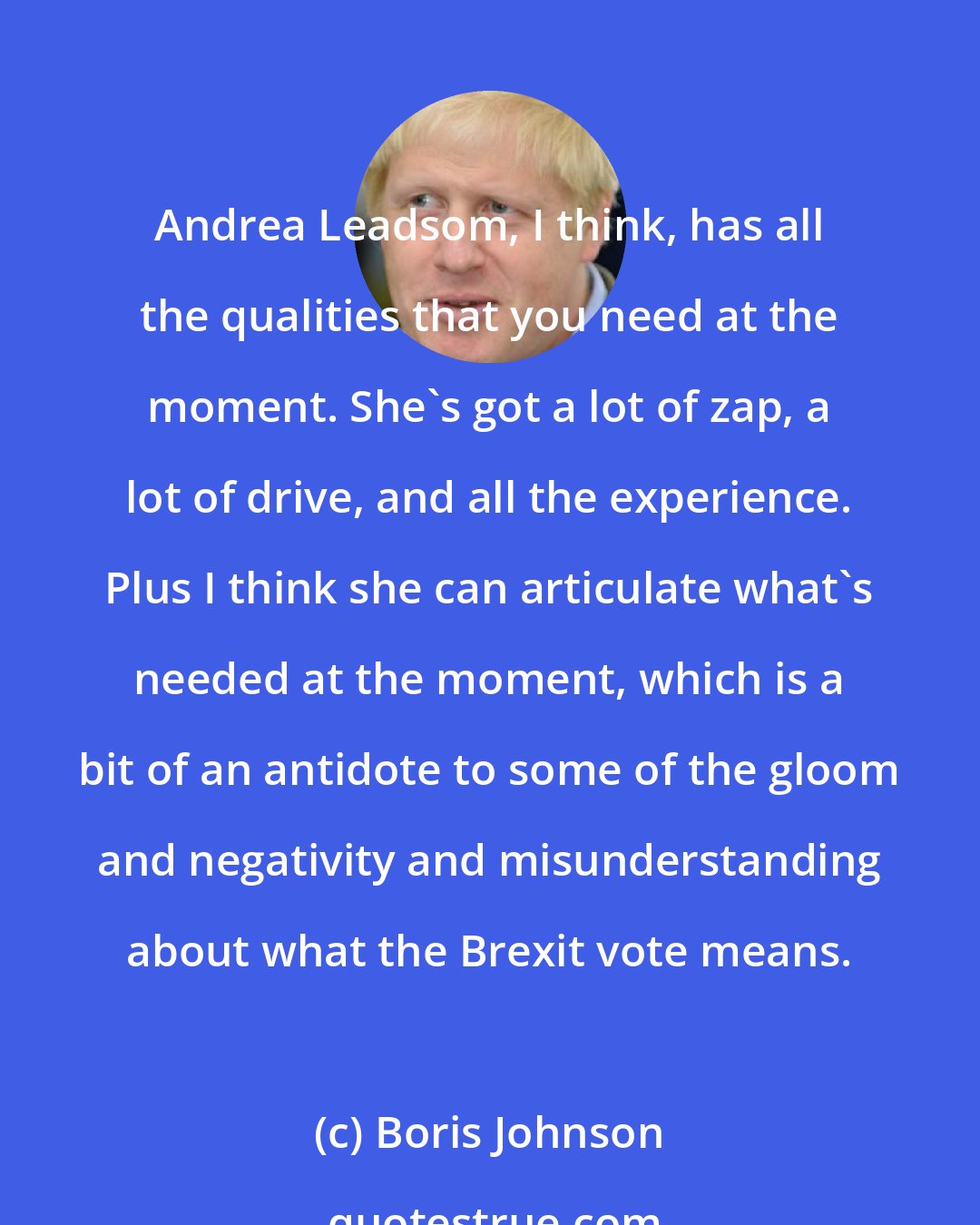 Boris Johnson: Andrea Leadsom, I think, has all the qualities that you need at the moment. She's got a lot of zap, a lot of drive, and all the experience. Plus I think she can articulate what's needed at the moment, which is a bit of an antidote to some of the gloom and negativity and misunderstanding about what the Brexit vote means.