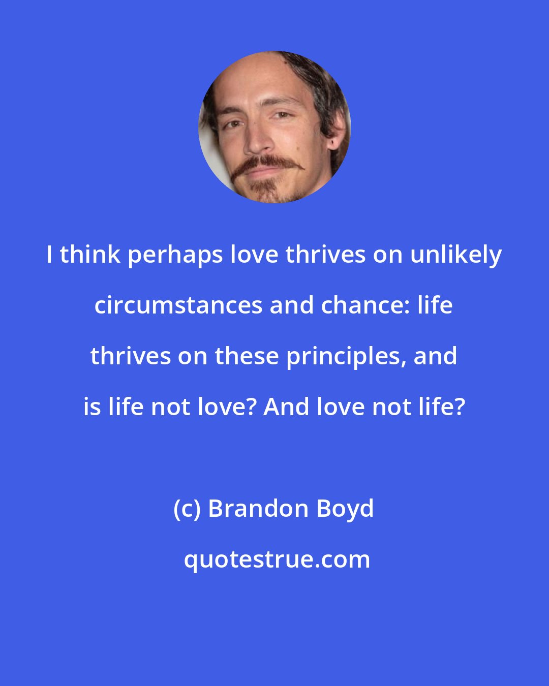 Brandon Boyd: I think perhaps love thrives on unlikely circumstances and chance: life thrives on these principles, and is life not love? And love not life?