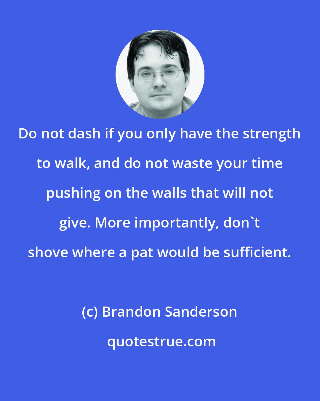 Brandon Sanderson: Do not dash if you only have the strength to walk, and do not waste your time pushing on the walls that will not give. More importantly, don't shove where a pat would be sufficient.