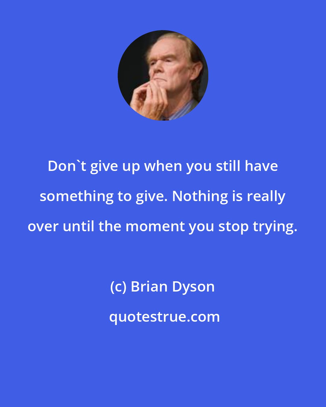 Brian Dyson: Don't give up when you still have something to give. Nothing is really over until the moment you stop trying.