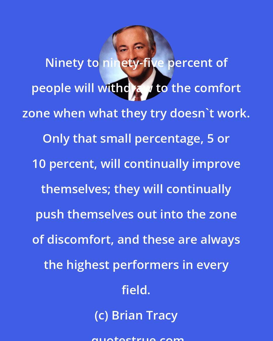 Brian Tracy: Ninety to ninety-five percent of people will withdraw to the comfort zone when what they try doesn't work. Only that small percentage, 5 or 10 percent, will continually improve themselves; they will continually push themselves out into the zone of discomfort, and these are always the highest performers in every field.