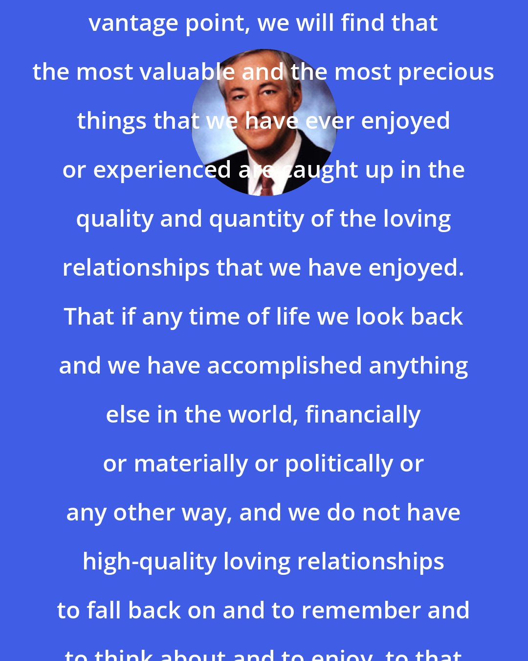 Brian Tracy: When we look back over the landscape of our lives from any particular vantage point, we will find that the most valuable and the most precious things that we have ever enjoyed or experienced are caught up in the quality and quantity of the loving relationships that we have enjoyed. That if any time of life we look back and we have accomplished anything else in the world, financially or materially or politically or any other way, and we do not have high-quality loving relationships to fall back on and to remember and to think about and to enjoy, to that degree we have failed as human beings.