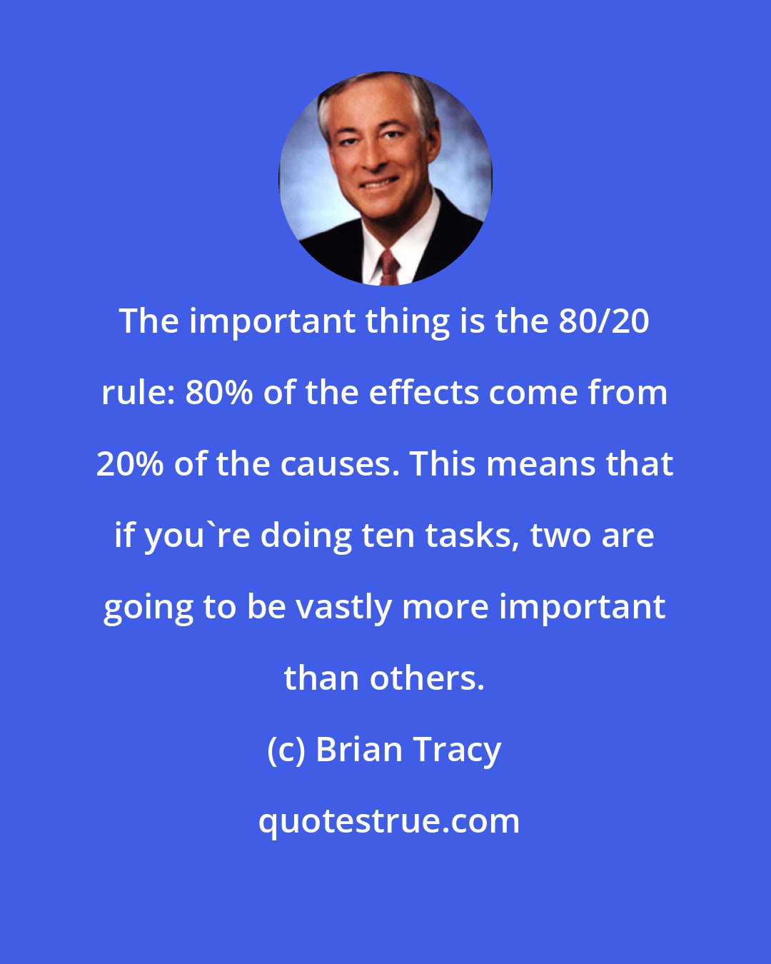 Brian Tracy: The important thing is the 80/20 rule: 80% of the effects come from 20% of the causes. This means that if you're doing ten tasks, two are going to be vastly more important than others.