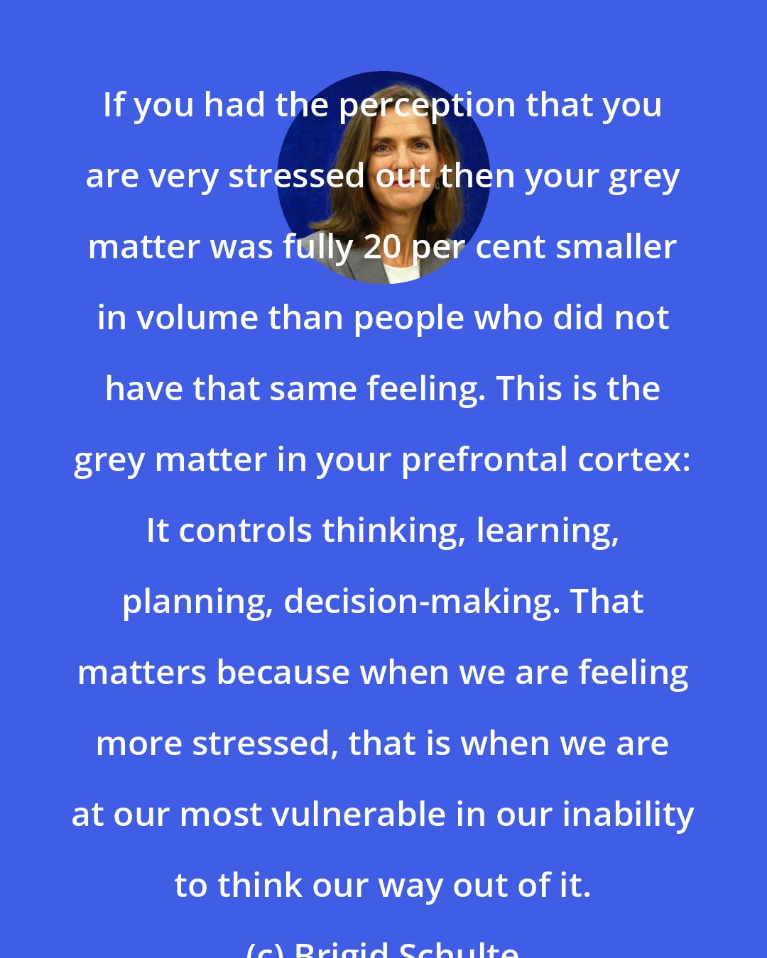 Brigid Schulte: If you had the perception that you are very stressed out then your grey matter was fully 20 per cent smaller in volume than people who did not have that same feeling. This is the grey matter in your prefrontal cortex: It controls thinking, learning, planning, decision-making. That matters because when we are feeling more stressed, that is when we are at our most vulnerable in our inability to think our way out of it.